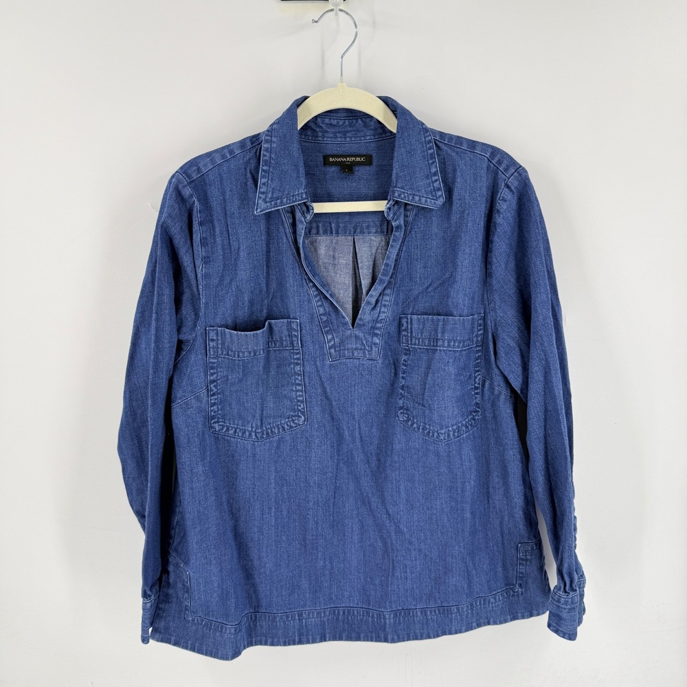 Banana Republic Denim Chambray Pullover Shirt Large Dark Wash Western Utility